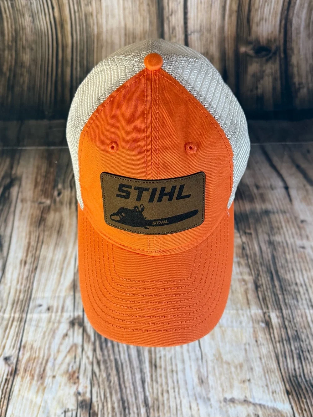 New STIHL Chainsaw Patch Strapback Adjustable Hat Mesh Trucker Orange White Cap